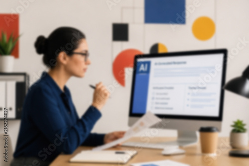 Blurred Employee Verifying AI Generated Information Before Using It In A Professional Office