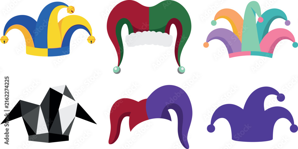 Fototapeta premium Jester hat vector illustration set with colorful fool caps bells geometric origami styles and carnival elements for April Fools Day Mardi Gras and medieval party design
