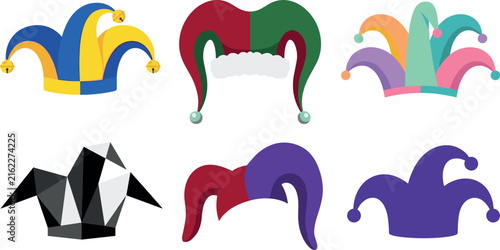 Jester hat vector illustration set with colorful fool caps bells geometric origami styles and carnival elements for April Fools Day Mardi Gras and medieval party design