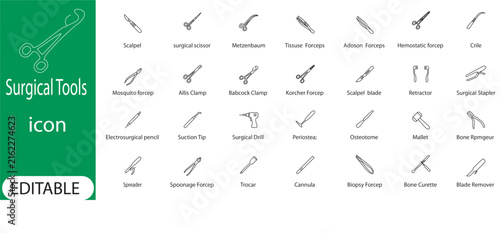 Obraz na plátne Surgical Tools and Medical Instruments Line Icon Set