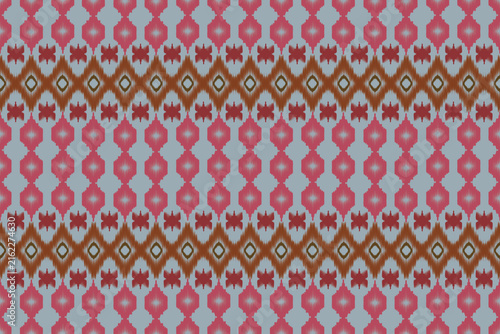 Seamless Ethnic Ikat Geometric Pattern Design with Complex Tribal Motifs and Diamond Shapes in Pink, Brown, and Grey