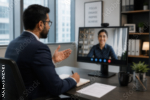 Blurred Manager Conducting A Professional Virtual Interview From A Modern Corporate Office