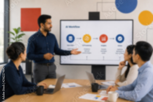 Blurred Manager Explaining An AI Workflow To Employees In A Modern Corporate Office