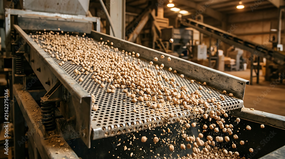 Fototapeta premium Soybeans moving on a conveyor belt during industrial processing with warm overhead lighting
