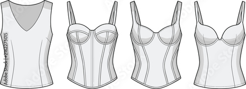 Quadro su tela Women corset tops set vector illustration, fashion bustier camisole flat technic