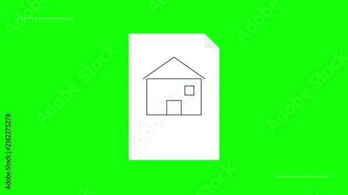Animation of a pencil drawing a house on a white paper sheet with green screen background.