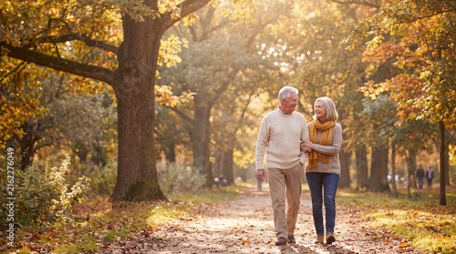 A senior couple enjoying a leisurely walk together in a beautiful autumnal park with vibrant foliage and warm sunlight