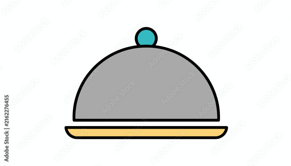 Fototapeta premium Elegant food cloche with a teal handle on a golden serving platter is isolated on plain white background.