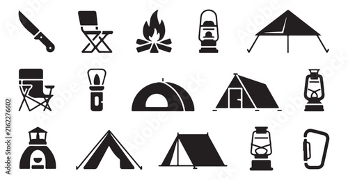 Outdoor recreation silhouette collection featuring camping tents, hiking equipment, lanterns, and travel gear