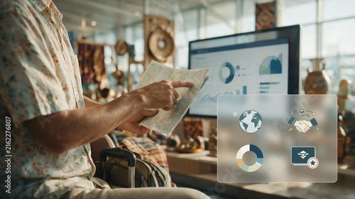 Airport Cultural Lounge Travel Expert Studying Airline Loyalty Data with Large Informational Overlay