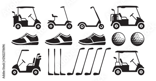 Golf silhouette collection featuring golf carts, clubs, balls, tees, and sporting equipment