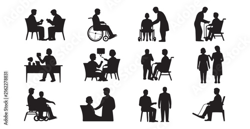 Collection of diverse human silhouettes illustrating mobility assistance, accessibility, care, and equality