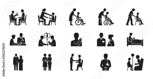 Black silhouette set depicting wheelchair users, caregivers, elderly people, and inclusive social activities