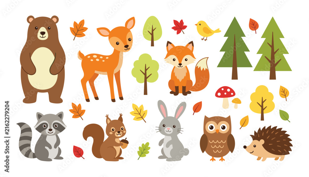 Obraz premium Cute Woodland Animals Vector Character Set with Autumn Elements Featuring Bear, Deer, Fox, Raccoon, Squirrel, Rabbit, Owl, Hedgehog, Trees, and Falling Leaves