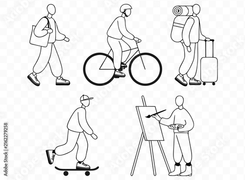 Set of flat linear icons featuring diverse young people engaged in various modern lifestyle activities.
