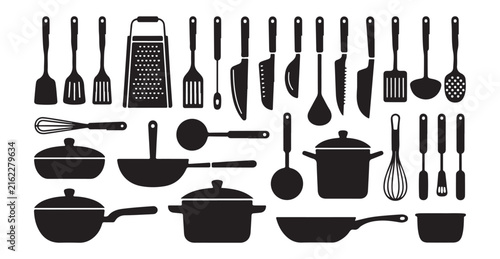 Kitchen utensil and cookware collection featuring cooking tools, knives, pans, pots, and cutlery