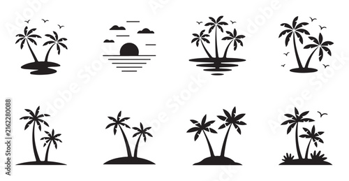 Collection of tropical palm trees with beach and sunset island scenery