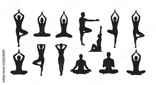 Black silhouette illustrations of people practicing yoga, meditation, balance, and stretching
