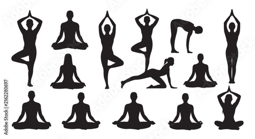 Collection of minimalist yoga figures performing stretching, meditation, and fitness exercises