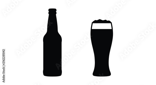 Black silhouettes of a beer bottle and a pint glass stand on a white background