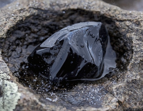 Obsidian Stone Fitting into Deep Volcanic Rock Hollow with Sharp Texture Contrast