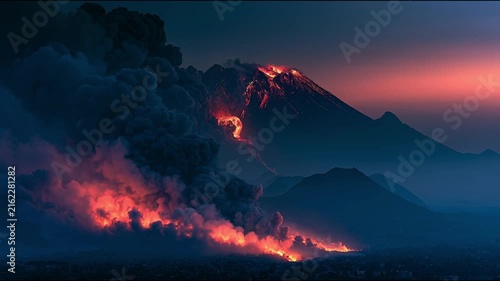 Powerful Volcanic Eruption with Glowing Lava Flows Under a Twilight Sky