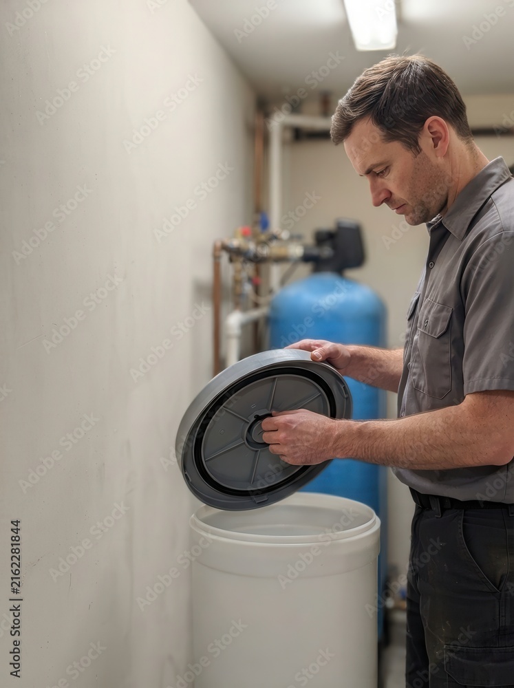 Obraz premium Technician Performing Maintenance on a Residential Water Softener System