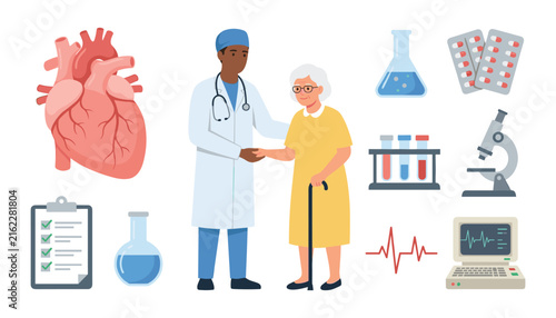 Medical vector elements collection with cardiologist practitioner helping elderly senior lady patient heart anatomy and laboratory clinic diagnostic icons isolated on white background