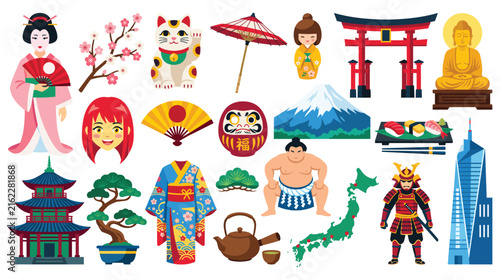 Photography Japan culture icon set with travel and landmark symbols.