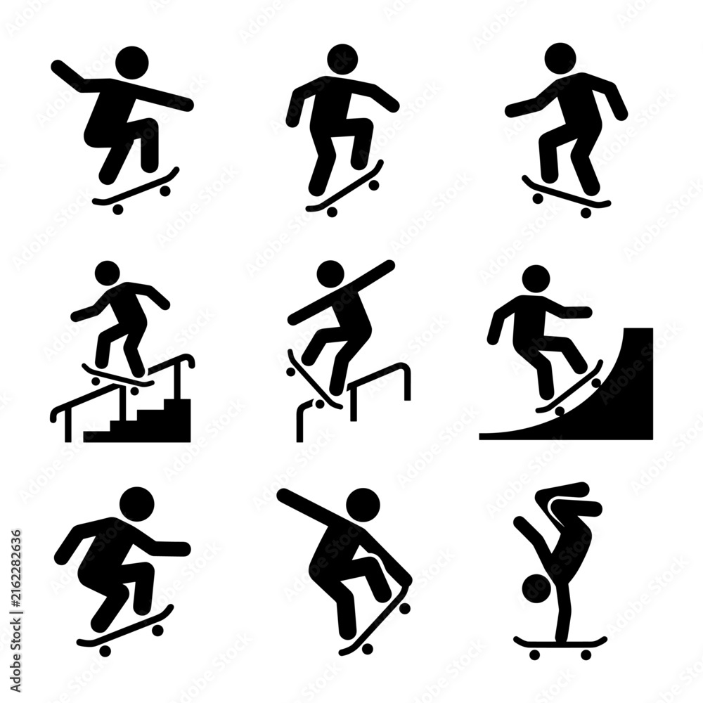 Fototapeta premium Collection of skateboard tricks and stunts illustrated with icons