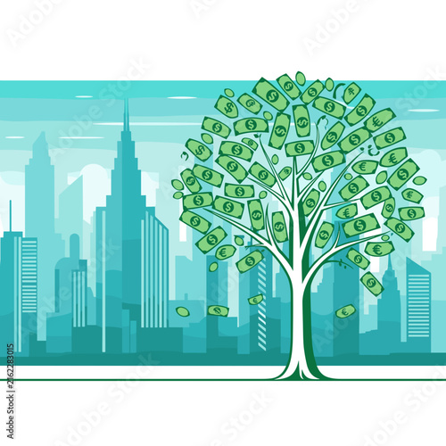 Large Green Tree in Front of Modern City Skyline
