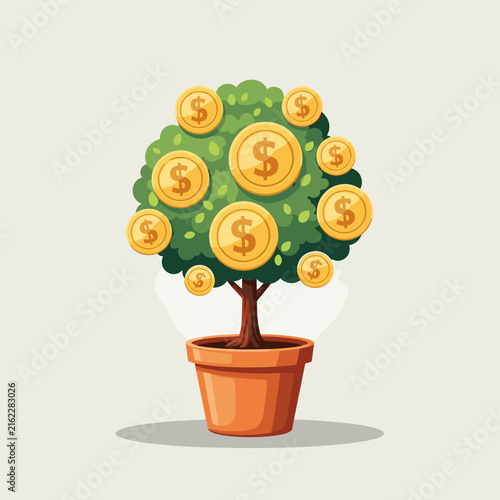Potted Money Tree with Gold Coins and Red Pot