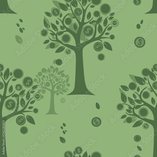 Seamless Pattern of Dark Green Money Tree Outlines