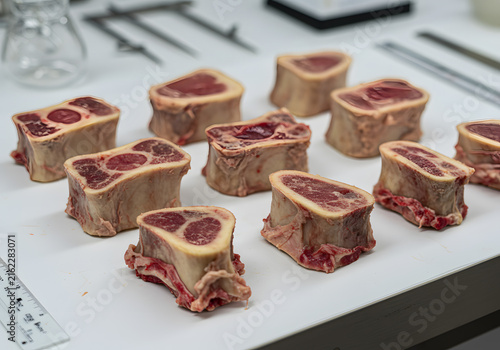 Raw meat cuts and bones on white surface