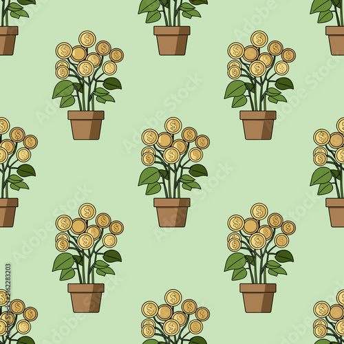 Seamless Pattern of Potted Money Trees on Green
