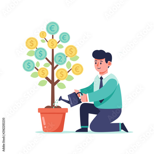 Business Man Watering a Growing Money Tree Pot