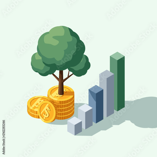 Money Tree Growing from Gold Coins with Rising Bar Chart