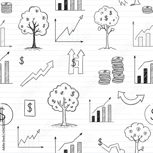 Seamless Pattern of Sketched Money Trees and Financial Graphs