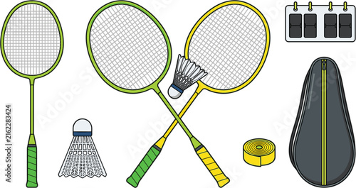 Bild auf Leinwand Professional badminton equipment set with crossed rackets shuttlecocks scoreboar
