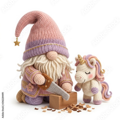 Playful gnome crafts with cute unicorn toy in colorful crochet setting