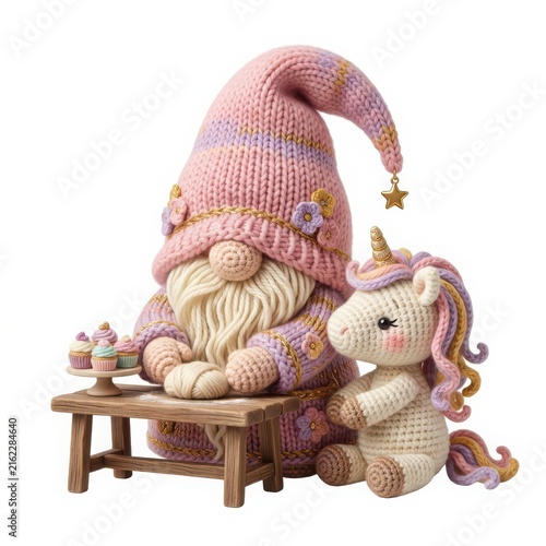 Adorable Crochet Gnome and Unicorn with Cupcakes on a Table