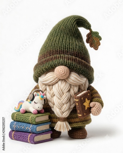 Whimsical Crochet Gnome with Books and Colorful Unicorn Toy