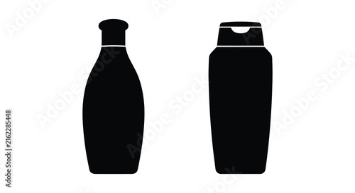 Two black silhouettes of personal care bottles stand against a white background