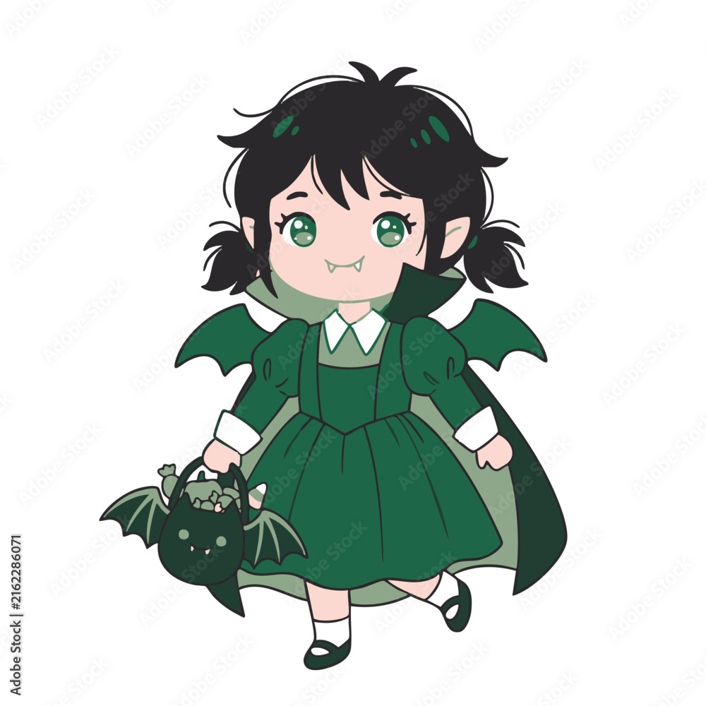 Fototapeta premium Cute halloween vampire girl cartoon character in green dracula costume holding trick or treat bag on white background