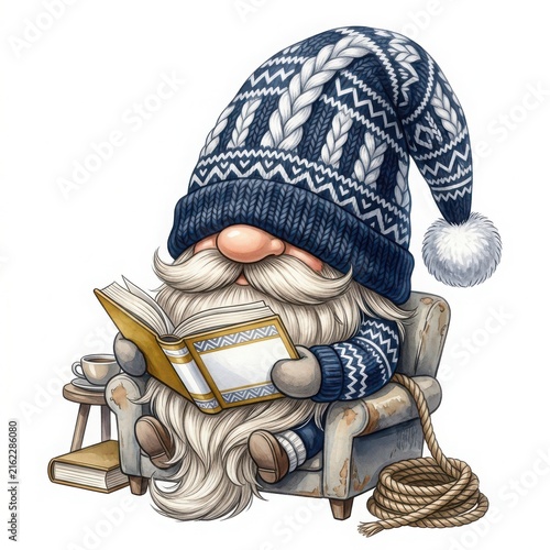 Cute Gnome Reading Book in Cozy Chair with Winter Sweater and Hat