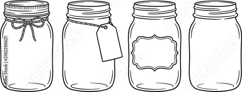 Vintage Mason Jar Line Art Set with Empty Glass Jars, Hanging Gift Tag, Twine Bow, and Retro Labels Vector Sketch Illustration