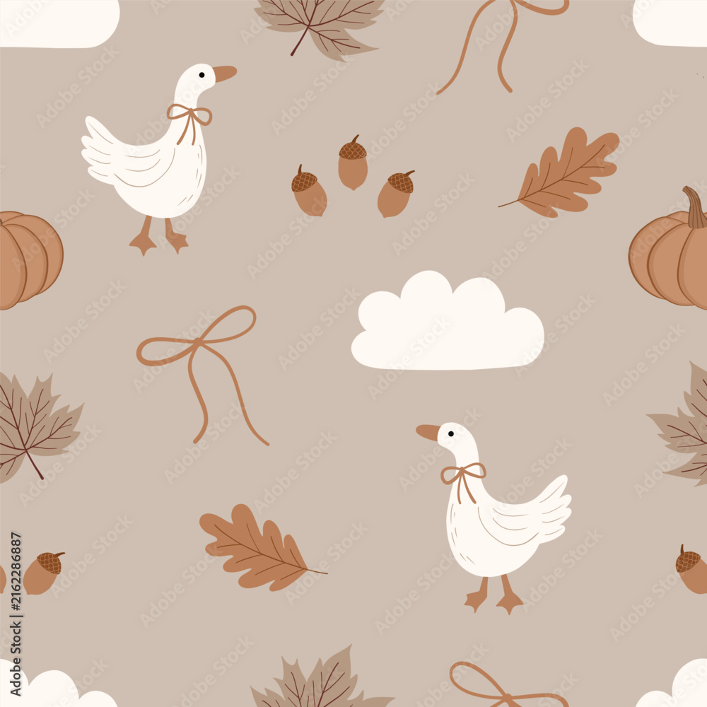 Fototapeta premium Cute white goose seamless pattern featuring ducks wearing bows, maple and oak leaves, pumpkins, acorns, fluffy clouds, and line ribbons on a warm beige background. 