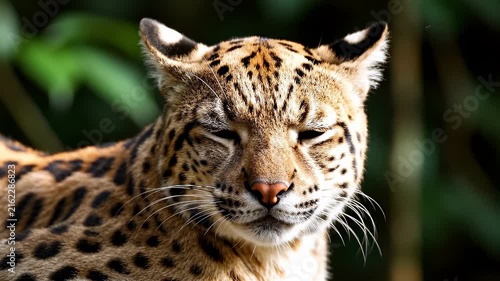 Close up portrait of a leopard with spotted fur and intense eyes in a natural green forest setting.