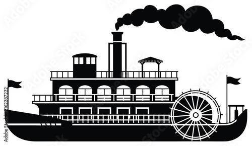 Steamboat Paddle Wheel Silhouette, Classic Riverboat, Paddleboat, Steamship, Nautical Transportation, Navigation, and Steampunk Travel Symbol, Vector, Designs