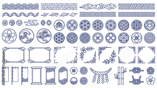Japanese borders and icons with wave and floral elements.
